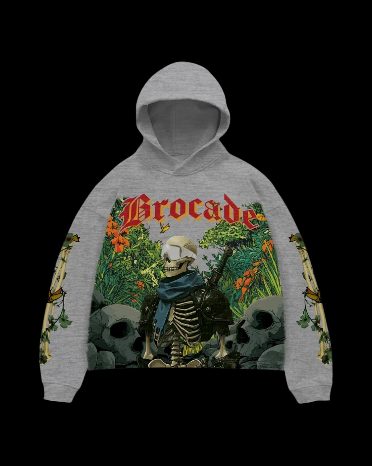 Gray hoodie with a skeleton design and 'Brocade' text on a dark background