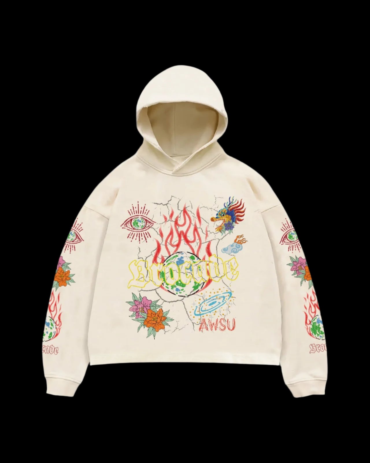 Beige hoodie with colorful graphics and text on a dark background