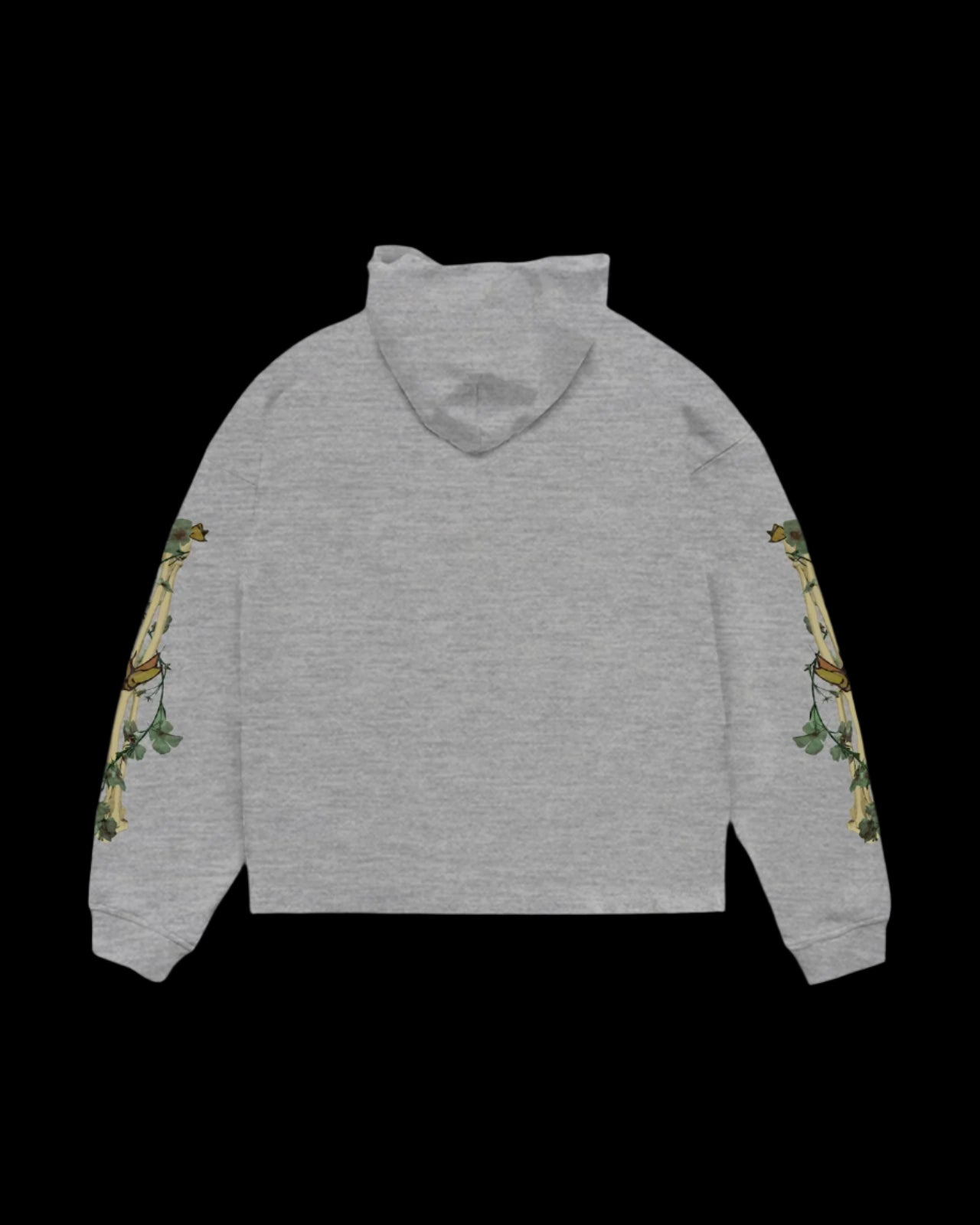 Gray hoodie with floral patterns on sleeves against a black background