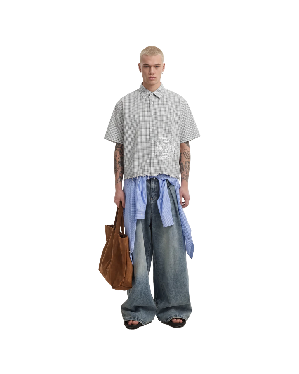 Unisex Distressed Plaid Boxy Shirt