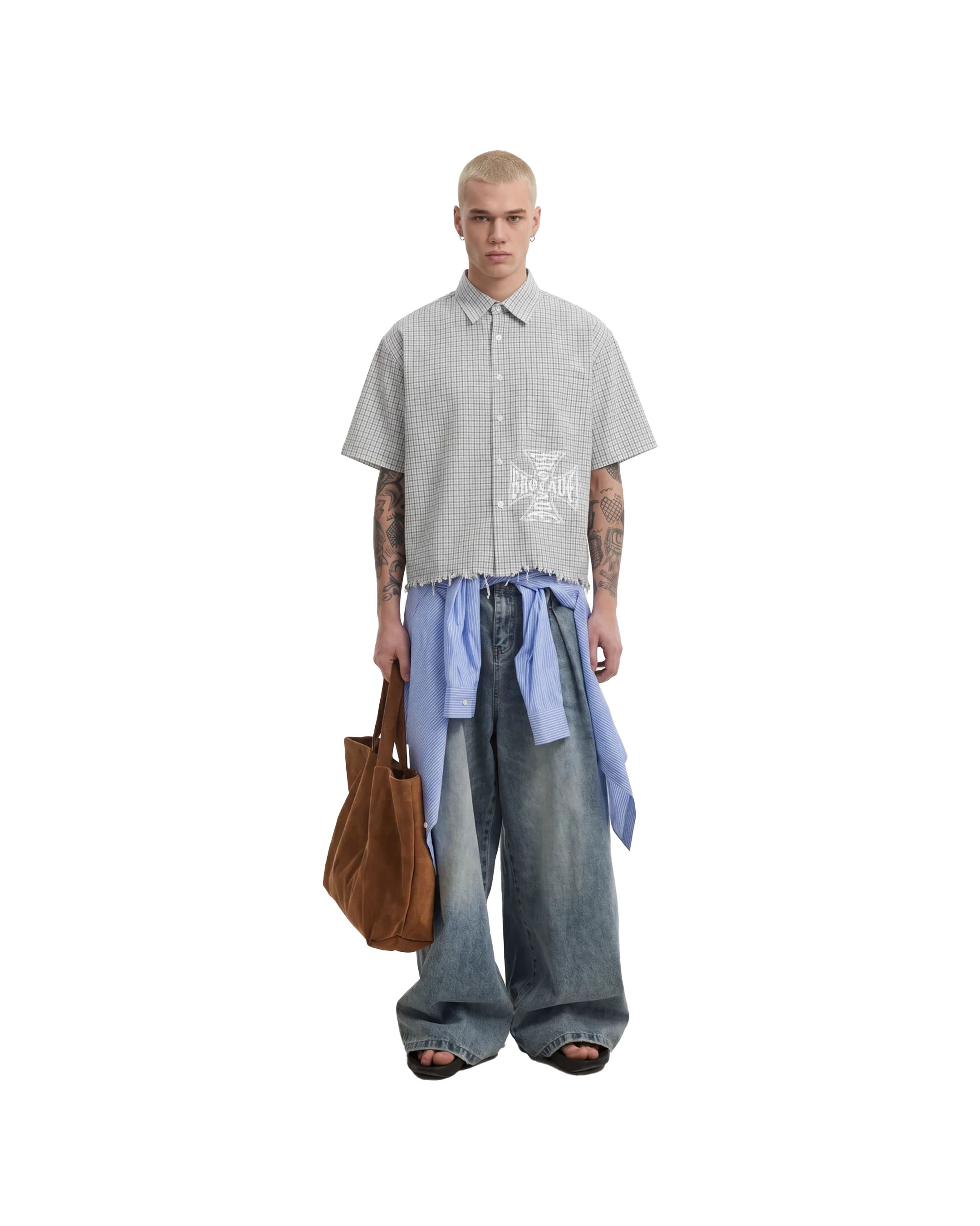 Unisex Distressed Plaid Boxy Shirt