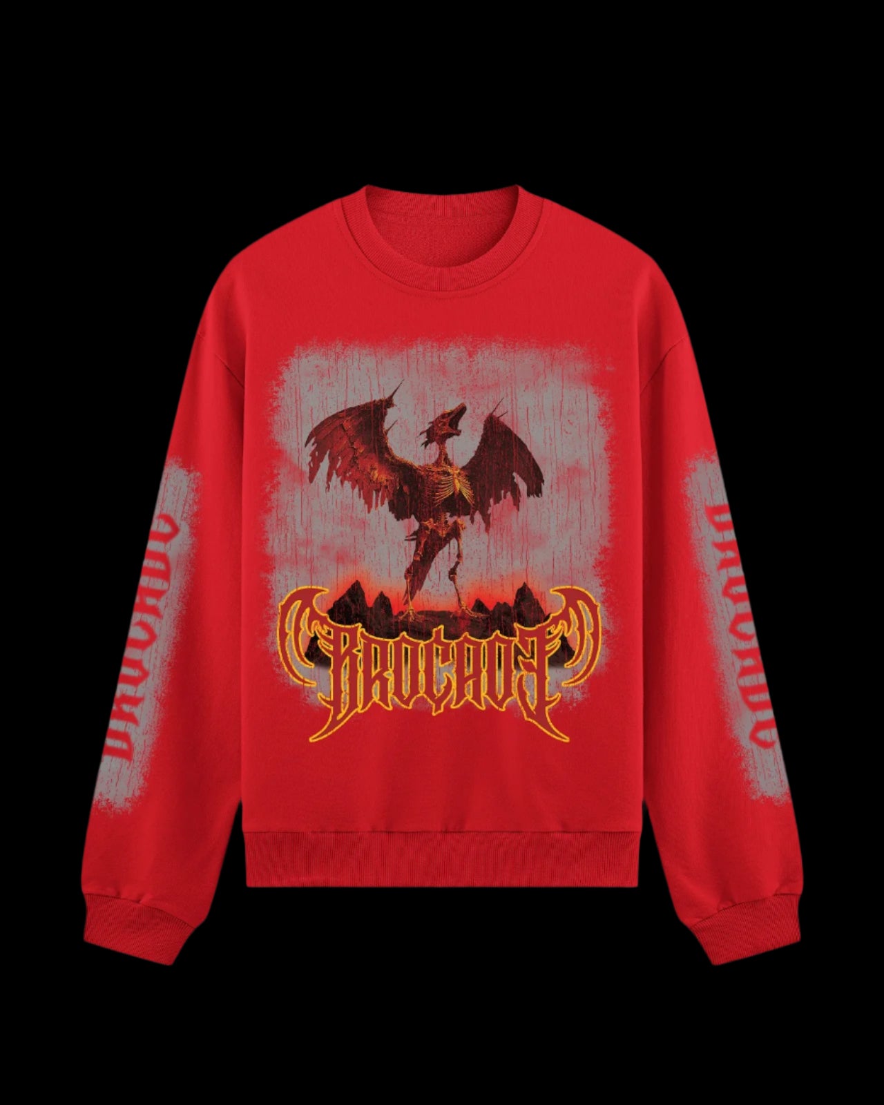 A red sweatshirt with a grunge-inspired distressed texture and a central graphic of a skeletal dragon. The brand Brocade is written in an aggressive gothic style font below the graphic.