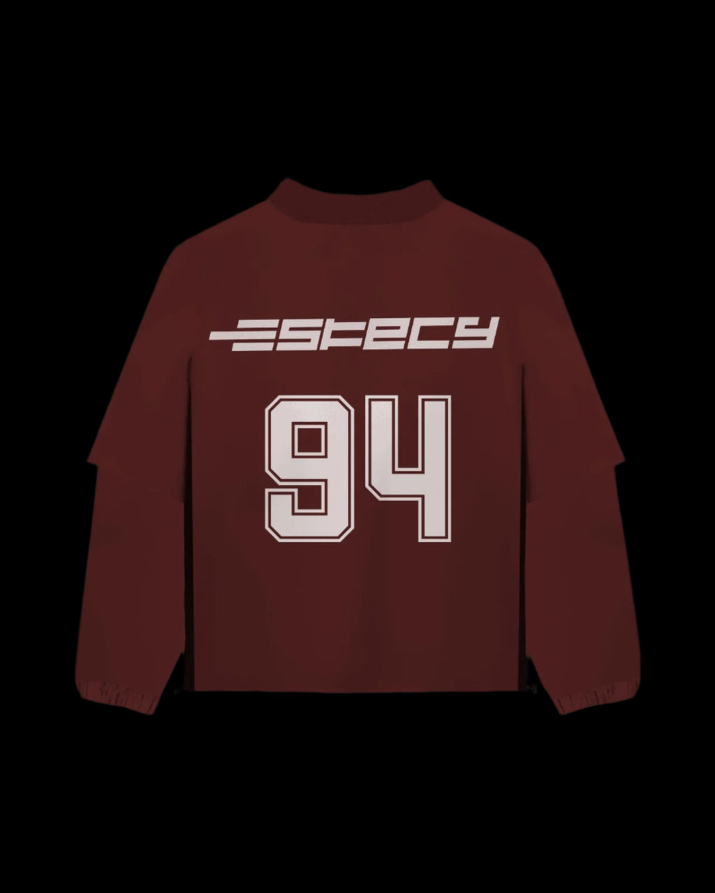 A maroon t-shirt with long sleeves, featuring a high-quality screen-printed design with the text 'ESKECY 94' on the front.