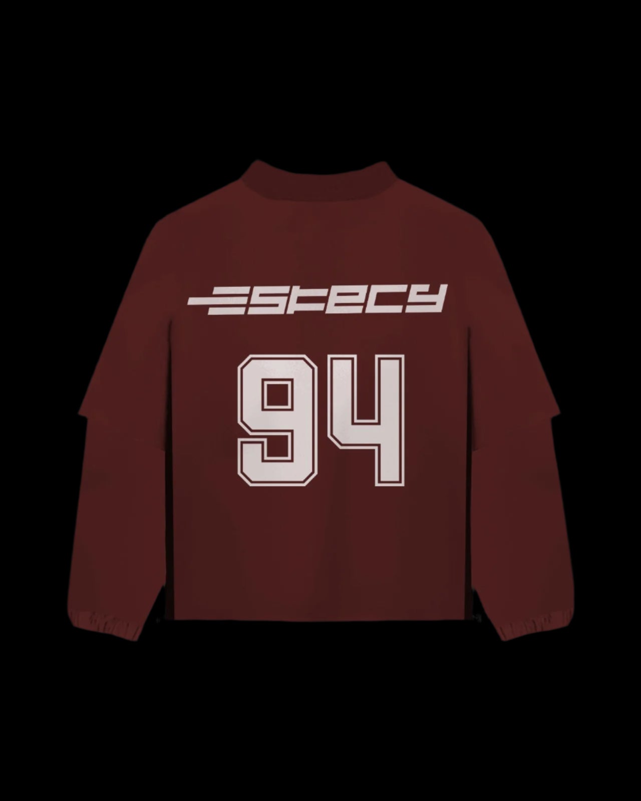A maroon t-shirt with long sleeves, featuring a high-quality screen-printed design with the text 'ESKECY 94' on the front.