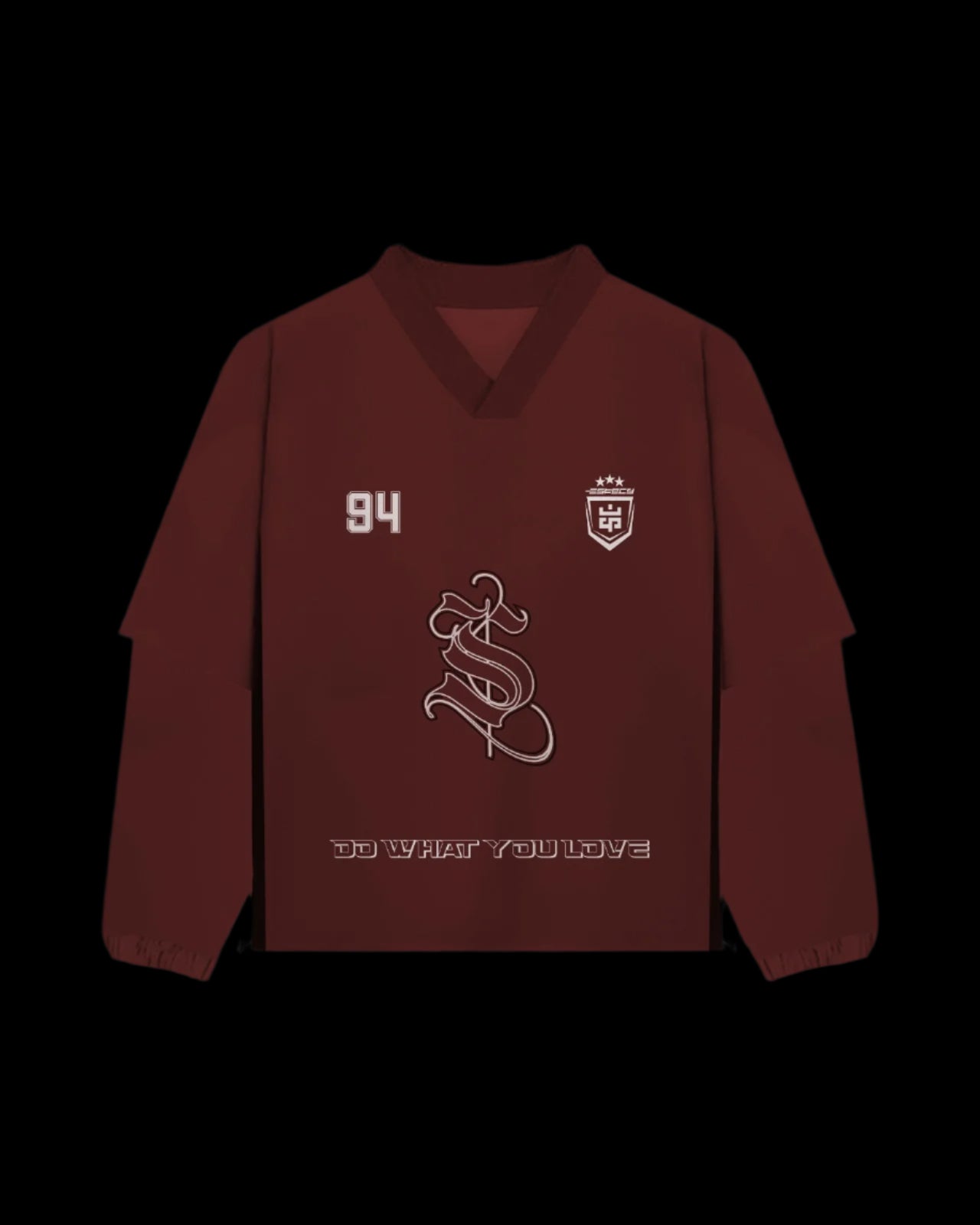 A maroon colored sports jersey with a unique zipper design on the sleeves and an adjustable waist, featuring a high-quality screen-printed design with the text '94' and 'DO WHAT YOU LOVE.'.