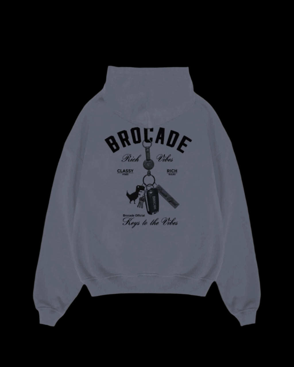 A gray hoodie with the Brocade branding and a graphic of keychains including a pixelated dino.