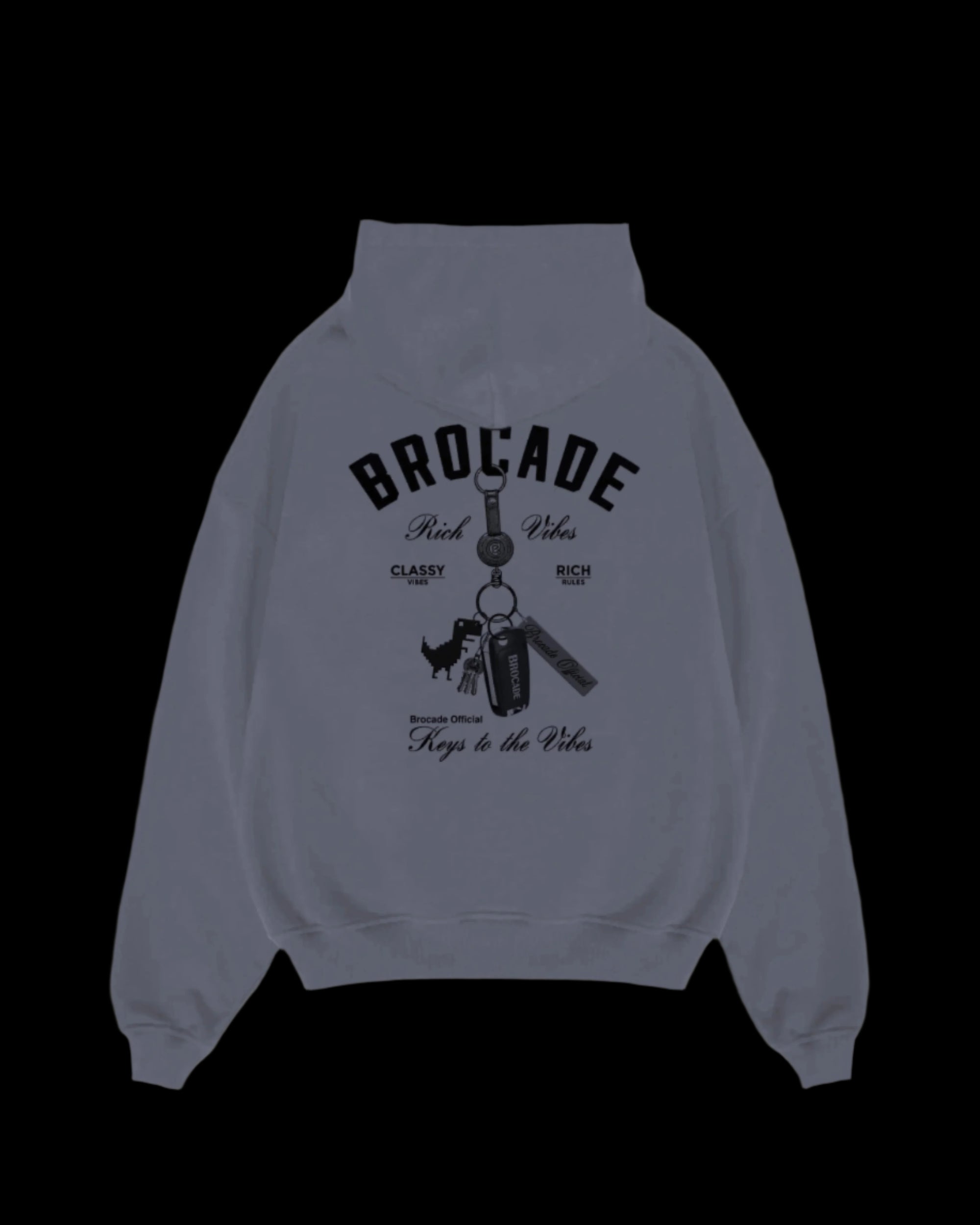 A gray hoodie with the Brocade branding and a graphic of keychains including a pixelated dino.
