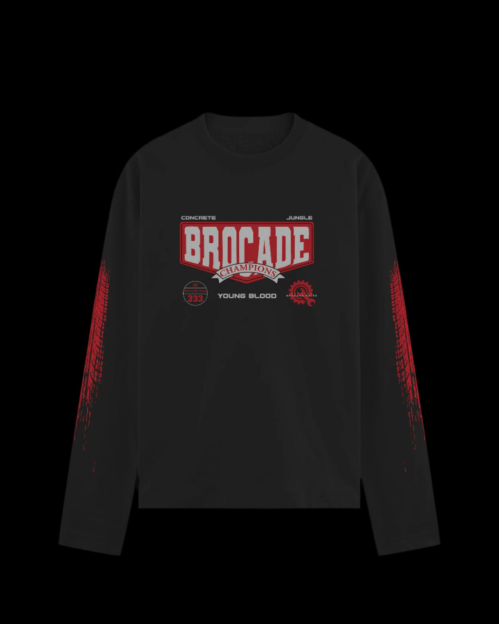 A long sleeve black sweatshirt with red and white text saying 'BROCADE' and 'CHAMPIONS' on the front, featuring a geometric pattern on the sleeves.