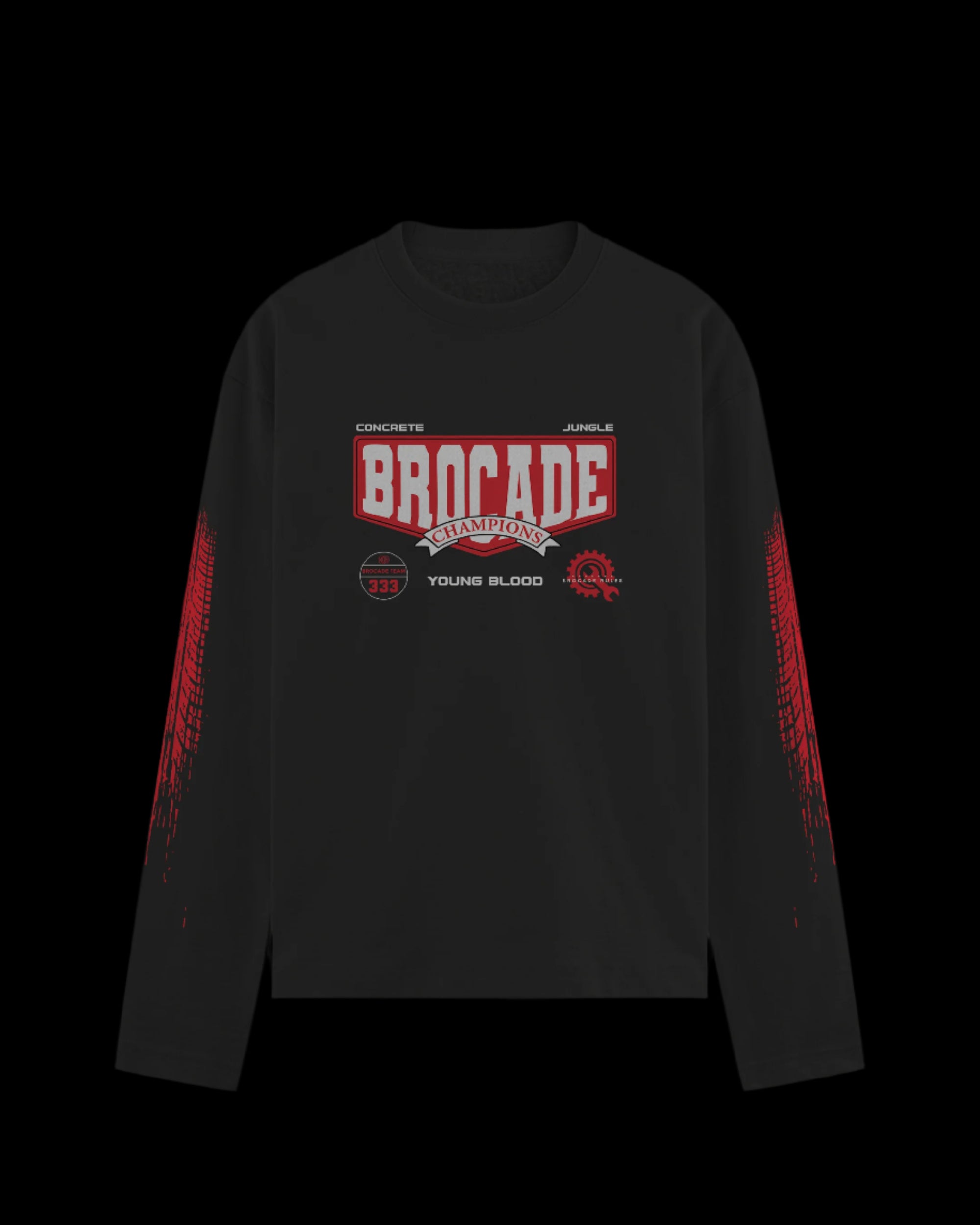 A long sleeve black sweatshirt with red and white text saying 'BROCADE' and 'CHAMPIONS' on the front, featuring a geometric pattern on the sleeves.