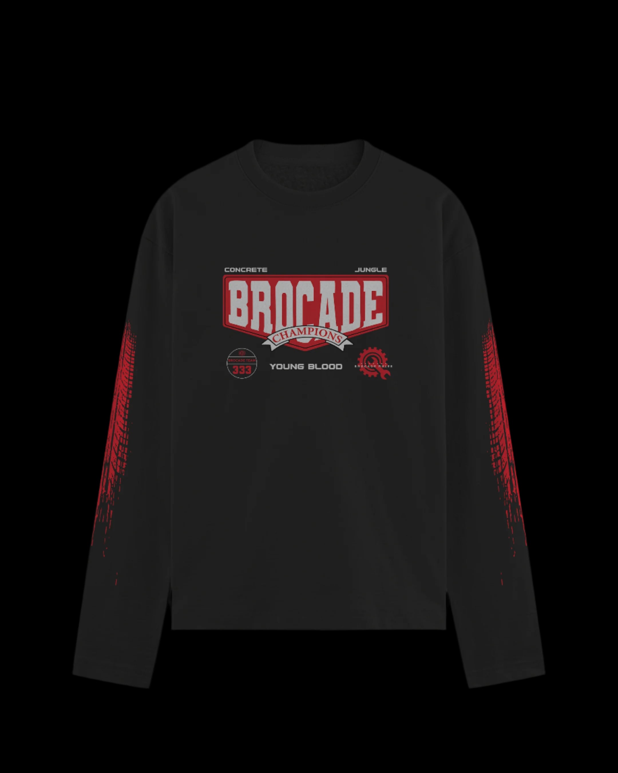 A long sleeve black sweatshirt with red and white text saying 'BROCADE' and 'CHAMPIONS' on the front, featuring a geometric pattern on the sleeves.
