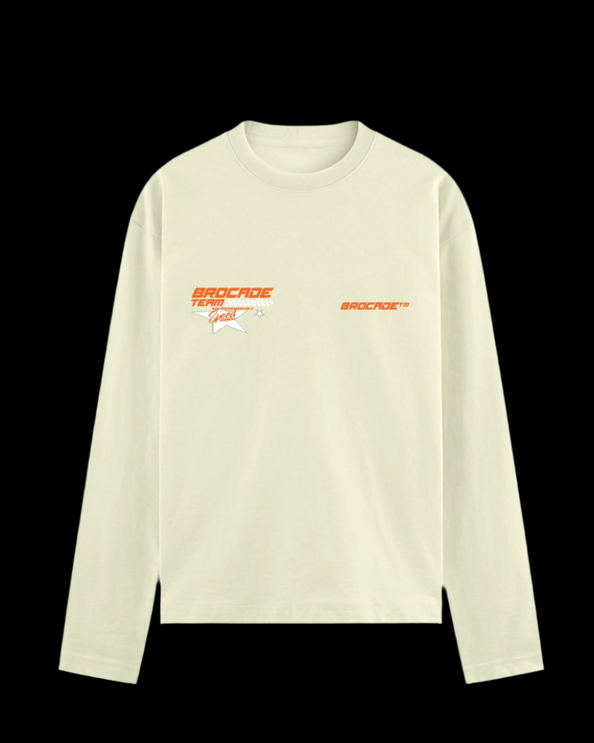 A beige sweatshirt with 'BROCADO TEAM 333' text and graphic slogan print on the back.