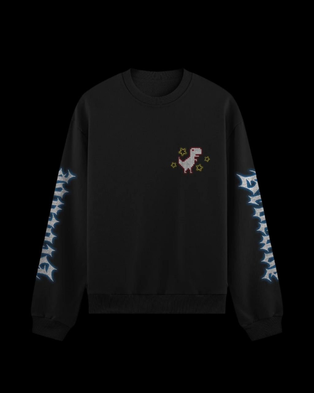 Black sweatshirt with a screen-printed pixel dinosaur with glowing star accents and gothic-style text on the sleeves.