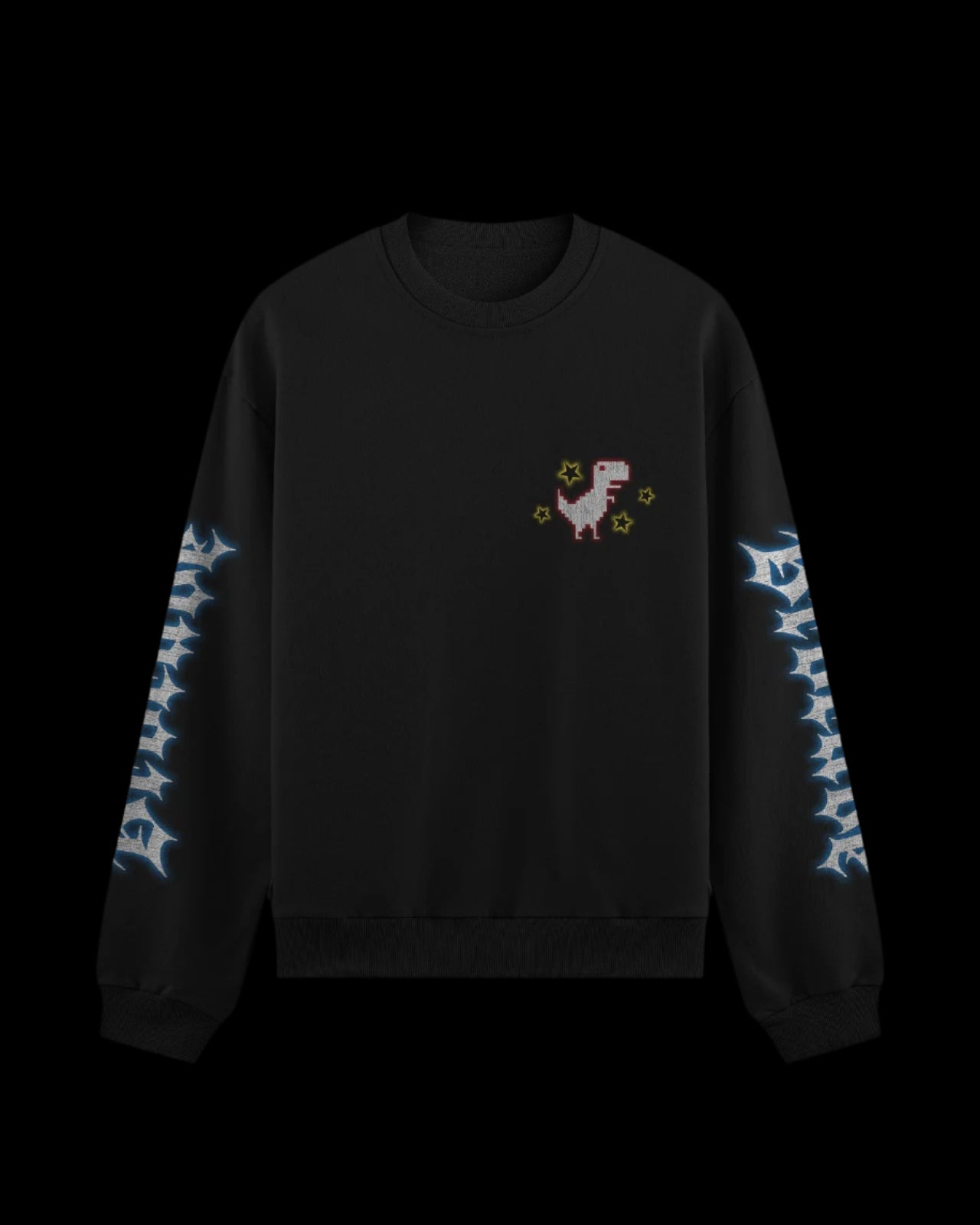 Black sweatshirt with a screen-printed pixel dinosaur with glowing star accents and gothic-style text on the sleeves.