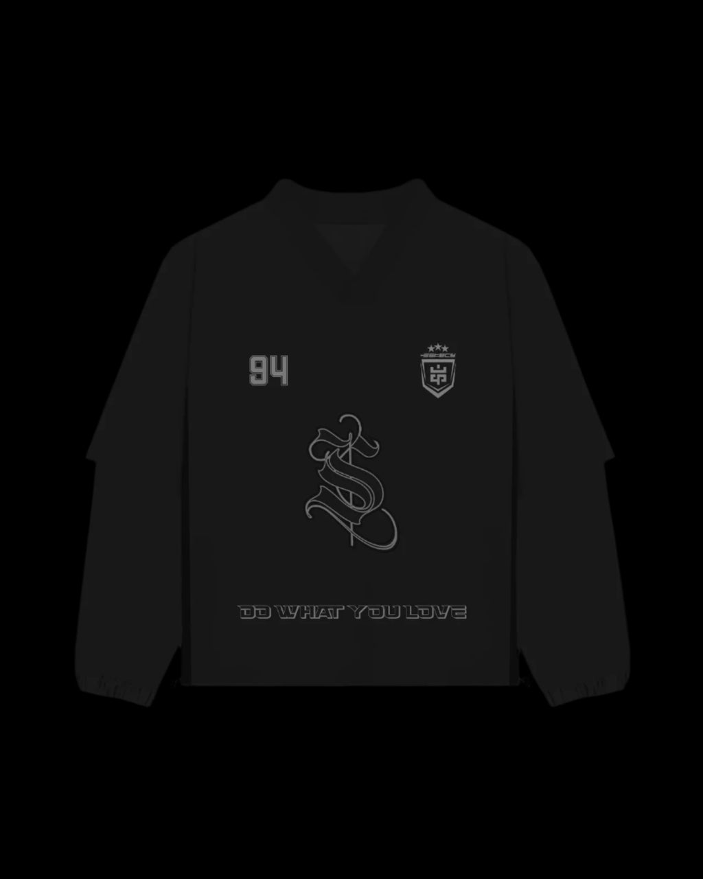 A black ESKECY jersey featuring a unique zipper design on the sleeves and an adjustable waist, with a high-quality screen-printed design on the front.