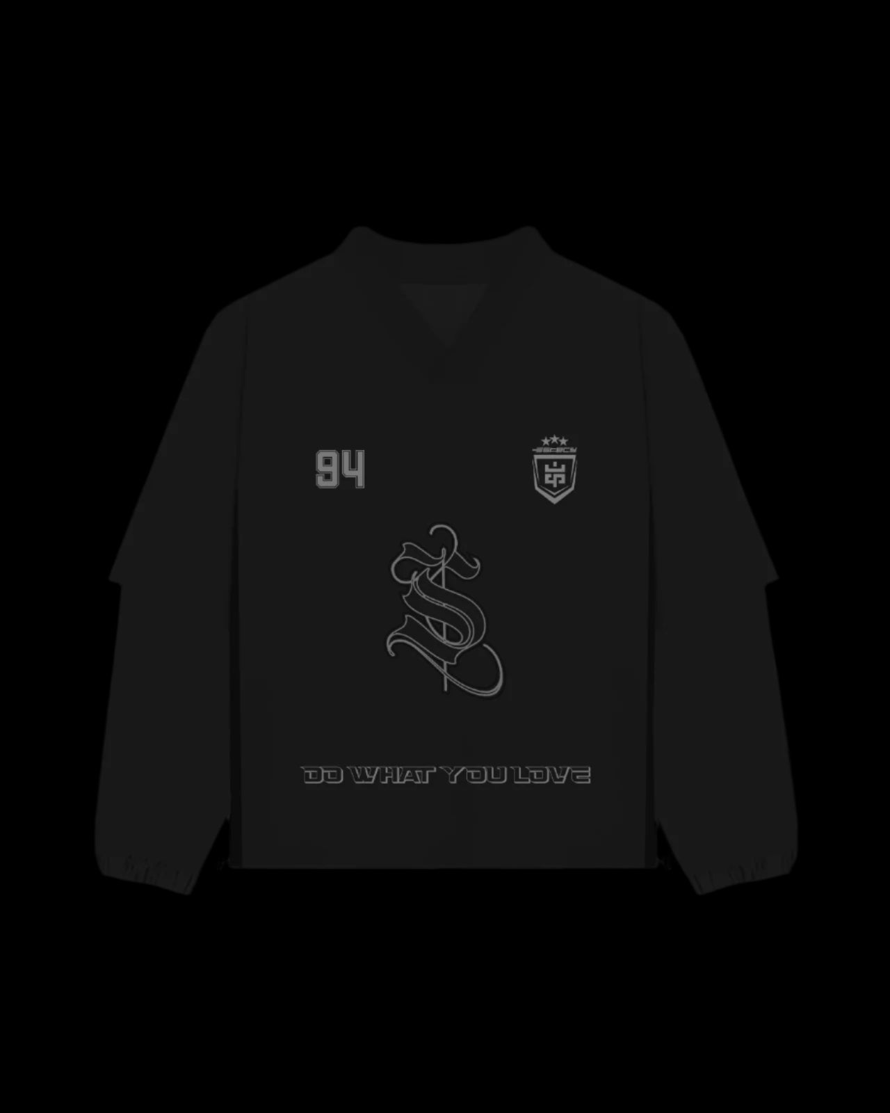 A black ESKECY jersey featuring a unique zipper design on the sleeves and an adjustable waist, with a high-quality screen-printed design on the front.