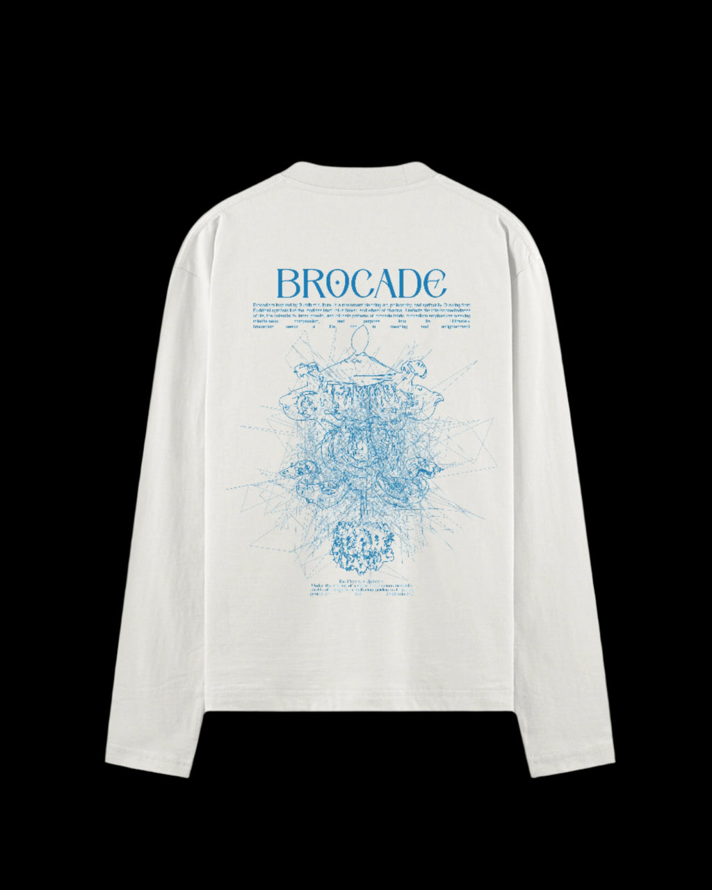 White long-sleeve shirt with blue graphic design and 'Brocade' text on a gray background