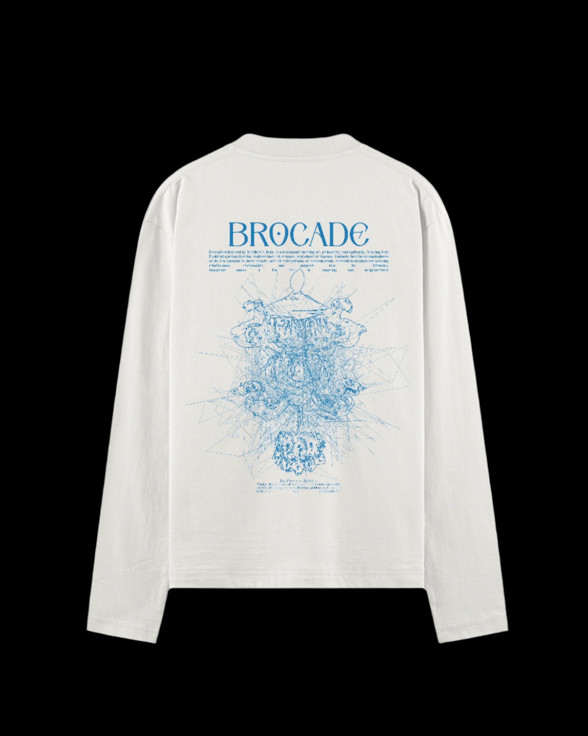 White long-sleeve shirt with blue graphic design and 'Brocade' text on a gray background